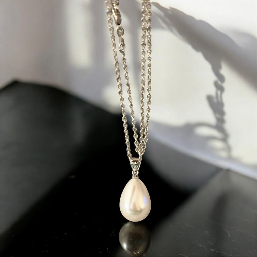 925 stamp silver color  Teardrop Pearl Pendant 1/2" Drop 18” necklace